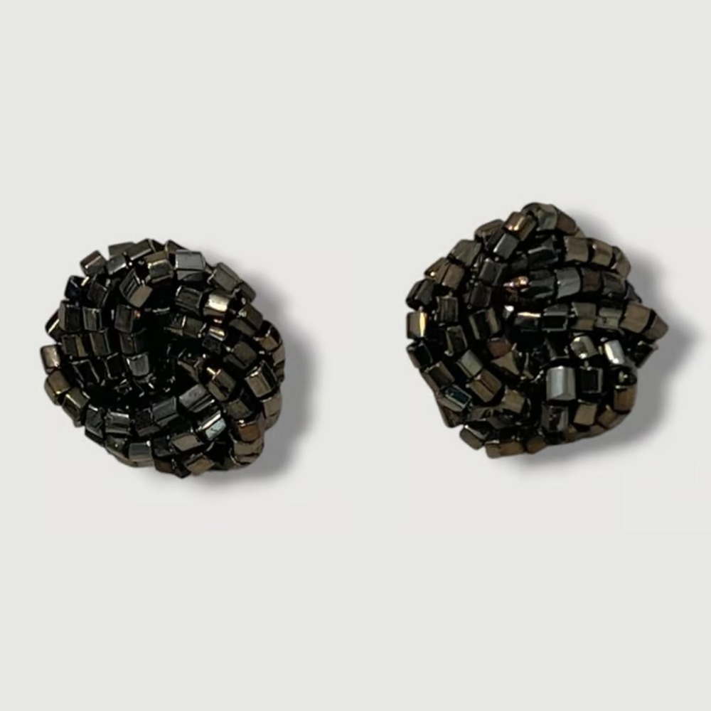 Vintage Metallic Brown Beaded Woven Knot Post Earrings - Boho Statement Studs